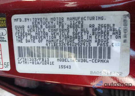 2004 Toyota Camry Le z USA, uszkodzony, nr VIN 4T1BE32K94U292915